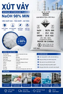 Xút Vảy Trung Quốc NaOH 98% (Caustic Soda Flakes) – Hóa Chất Điều Chỉnh pH và Xử Lý Nước