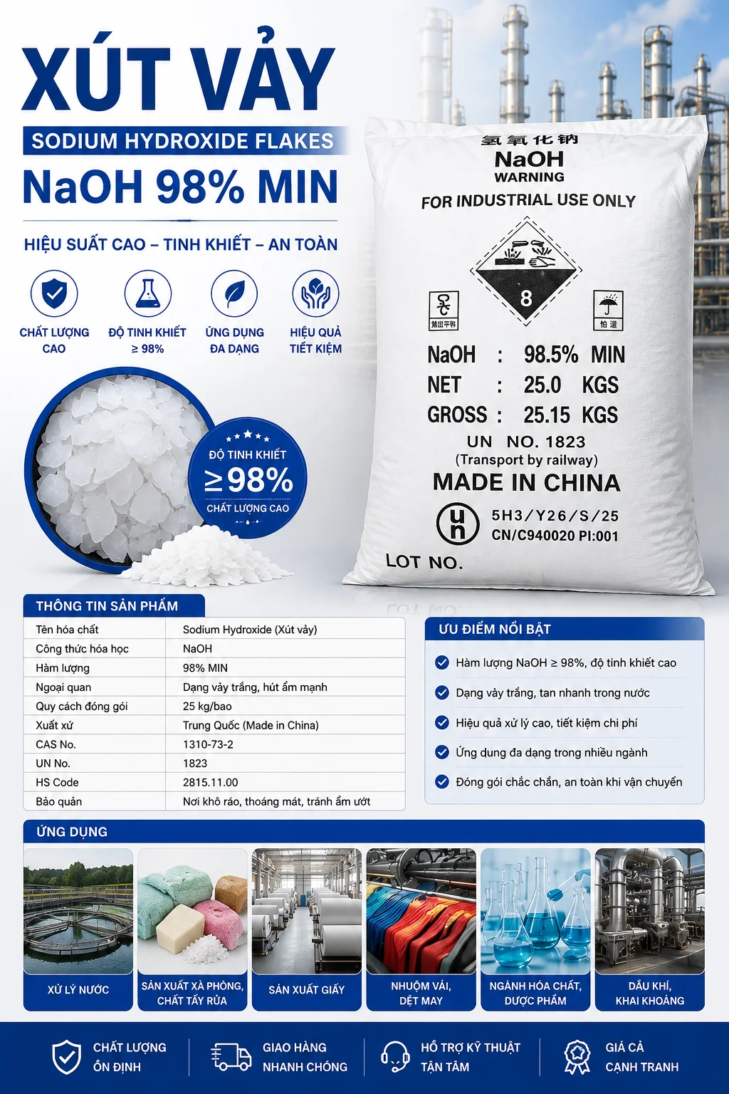 Xút Vảy Trung Quốc NaOH 98% (Caustic Soda Flakes) – Hóa Chất Điều Chỉnh pH và Xử Lý Nước